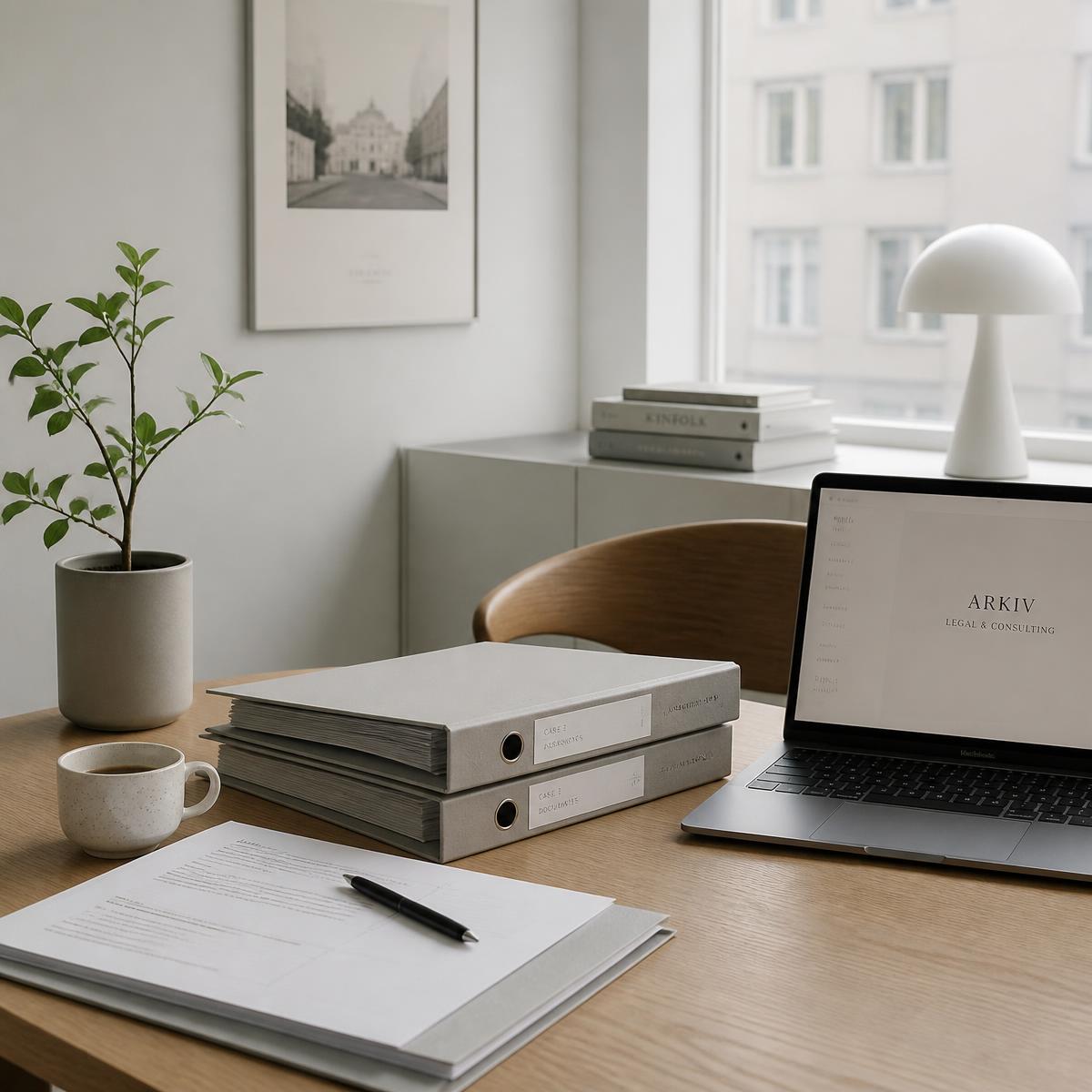 Sagsmapper og dokumenter på et lyst skandinavisk skrivebord